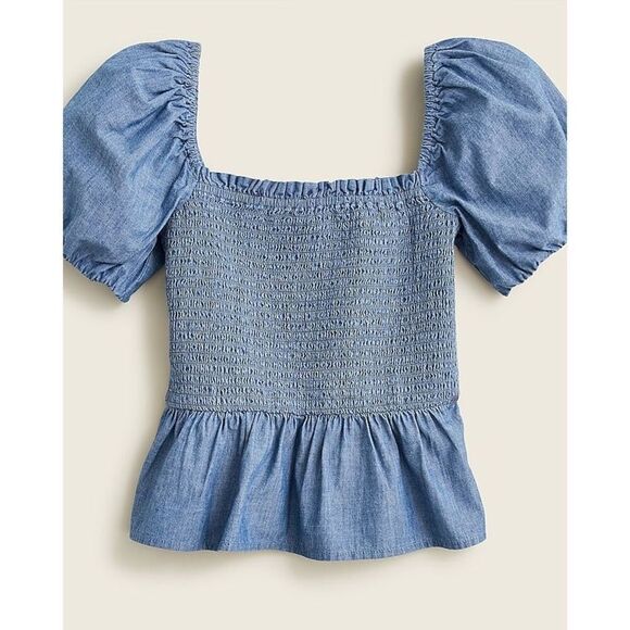 NEW J. Crew Squareneck smocked chambray top size M Blue - Picture 1 of 10